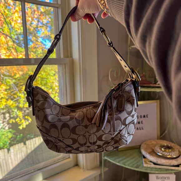 🤎 Vintage COACH F05Q-8K36 Monogram Mini Hobo Bag | Snakeskin Trim & Tassel Y2K - Picture 3 of 9